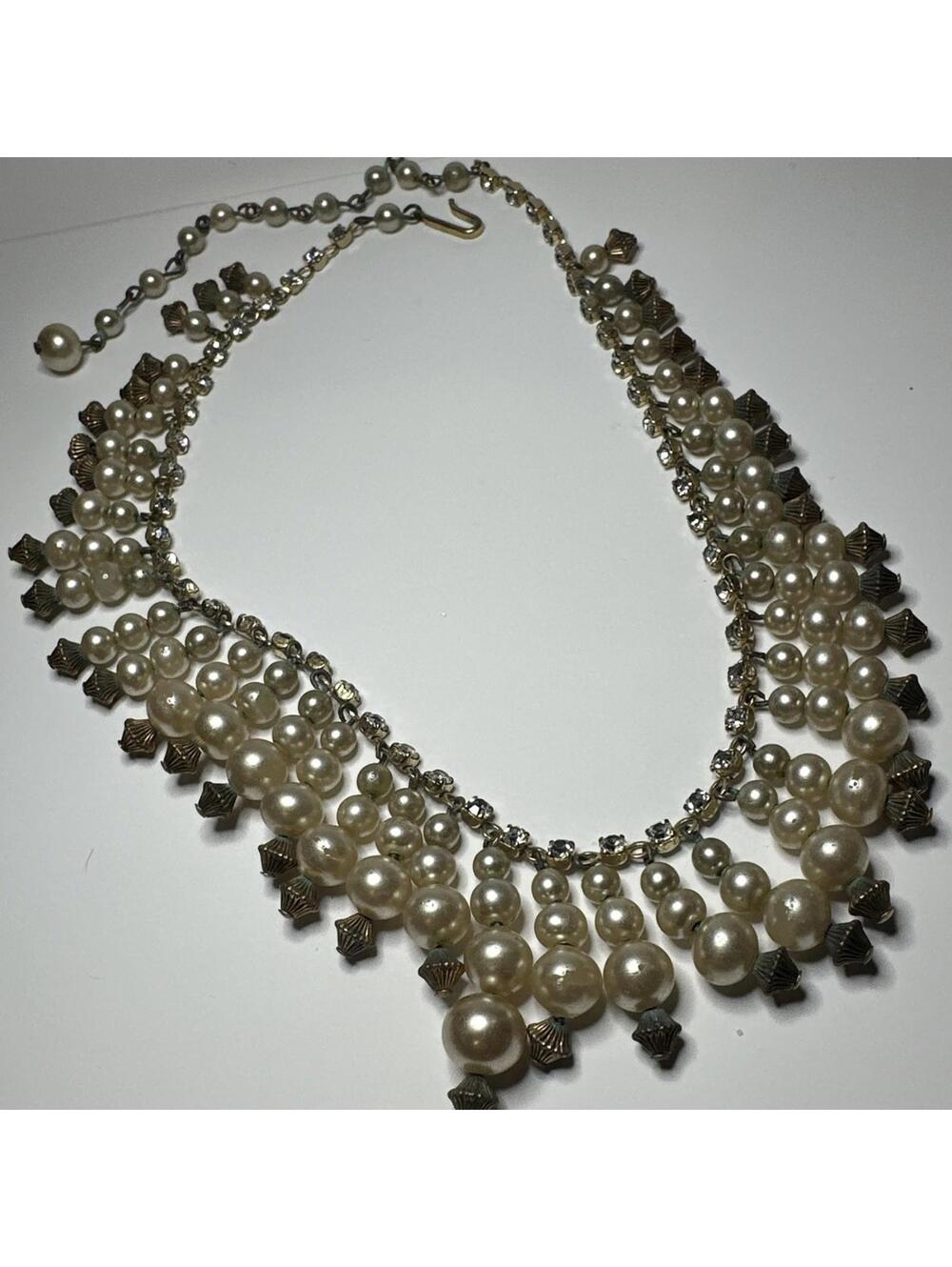Vintage Signed Trifari Gold Tone Necklace Faux Pearl Rhinestone Mid Century Rare